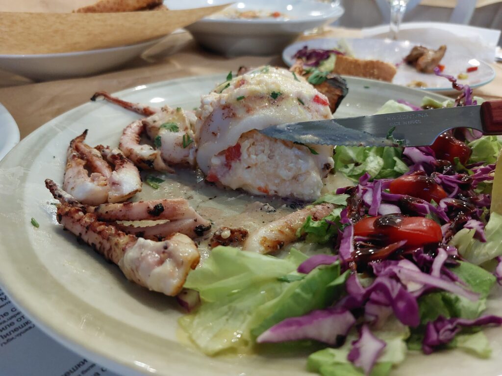 Stuffed calamari with cheese and salad