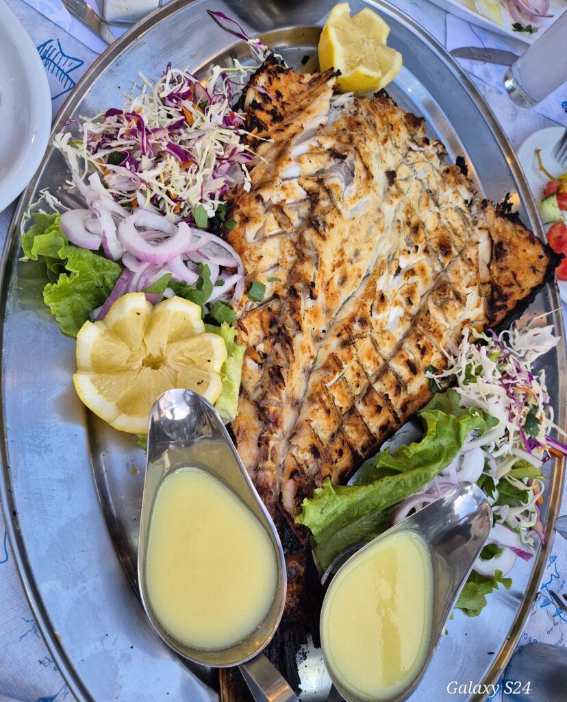 Grilled fish with salad and lemon sauce